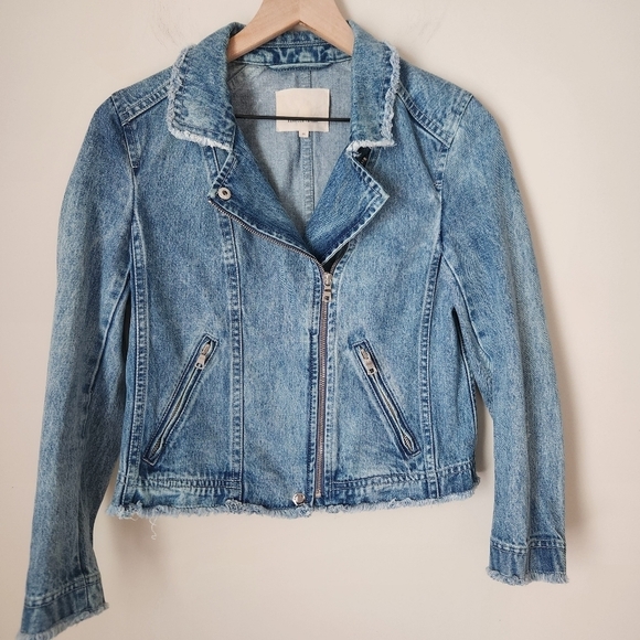 Rebecca Taylor | Washed Denim Cutoff Raw Hem Moto Jacket - Size M - Picture 3 of 14